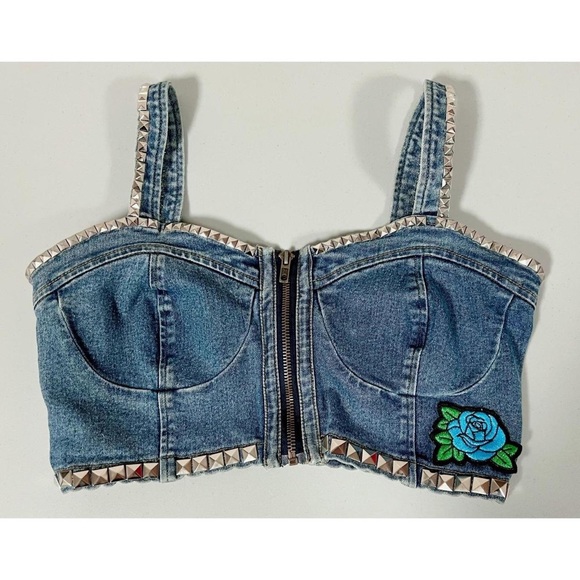 Denim Studded Germs, Gwar, Generation X Band Patches Bustier Crop Top Shirt 🖤⛓️ - Picture 2 of 2